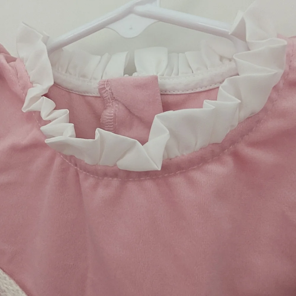 $ Pink Velour Jumpsuit With‎ Ruffle And Lace Bow Detail